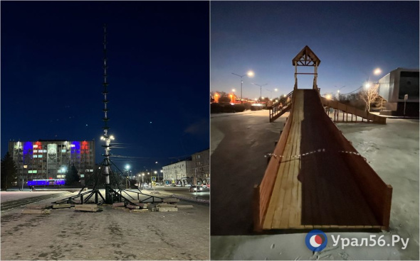 На Комсомольской площади в Орске разместили новую большую деревянную горку к Новому году и начали устанавливать 22-метровую елку